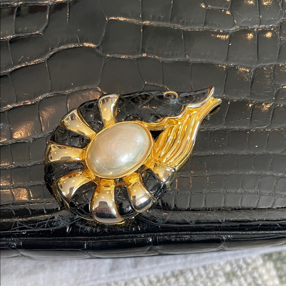 Judith Leiber Black Crocodile Clutch with Gold & Pearl Detailing - Picture 5 of 10